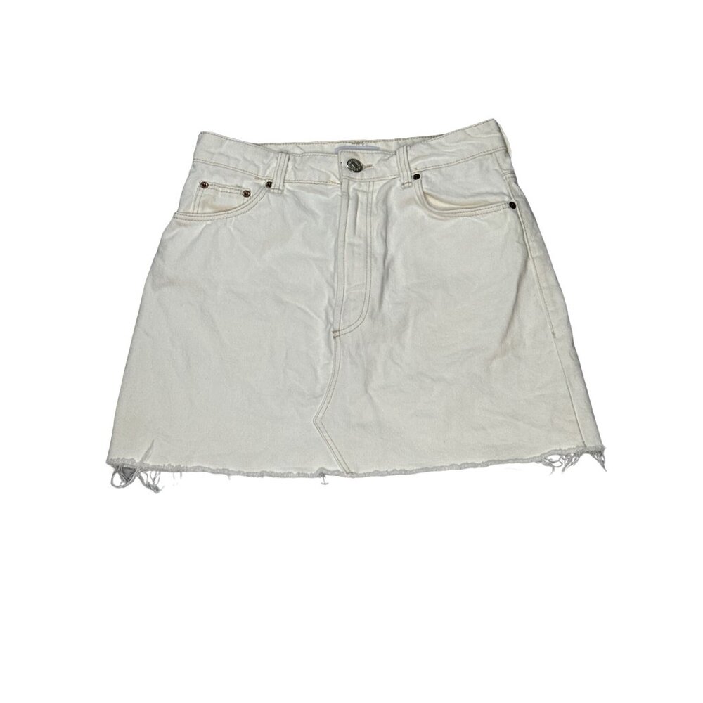 Zara Skirt Womens Medium White Denim Raw Hem Mini Short Distressed Fringe
